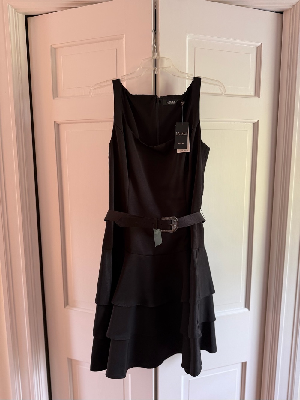 Ralph Lauren Black Sleeveless Faille Tiered Mini Dress with Belt